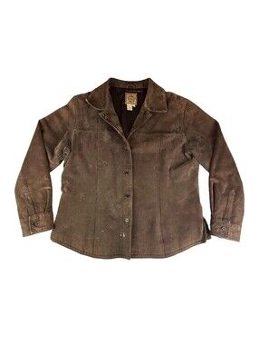 AMI Womens Genuine Suede Leather Jacket Shirt Button Front Brown L 20x25 Distres